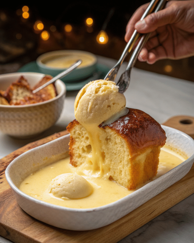 Dipping bread in ice cream custard