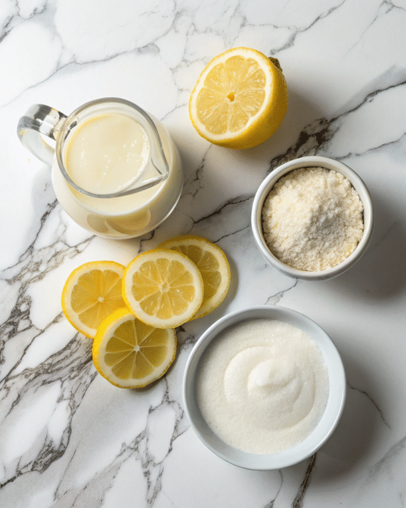 Ingredients for lemon brûlée posset: heavy cream, lemon, sugar