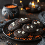 Jet-Black cocoa Halloween cookies made with black cocoa, decorated with white chocolate ghost eyes, on a vintage black plate with orange sprinkles and plastic spiders