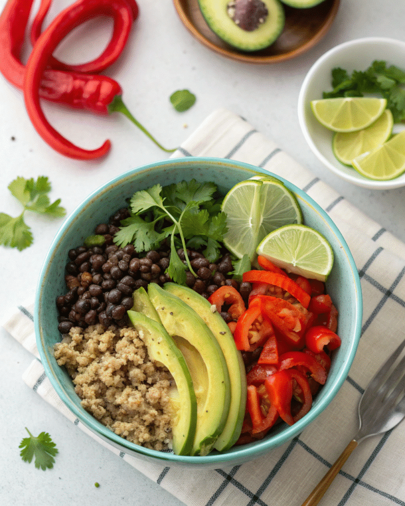 High Fiber Quinoa and Black Bean Power Bowl with avocado and lime