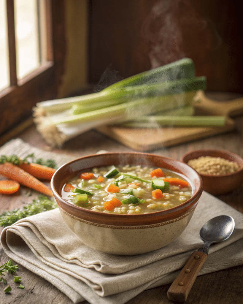 Hearty High Fiber Vegetable Soup with carrots, zucchini, and barley