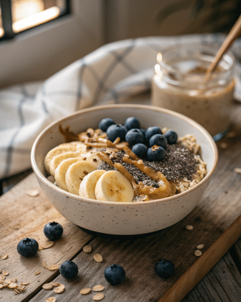 High Fiber Breakfast Oatmeal Bowl with banana, blueberries, and chia seeds