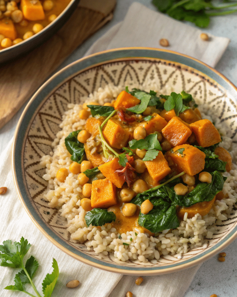 Sweet Potato and Chickpea Curry served with spinach and brown rice