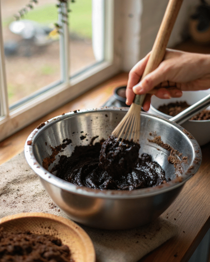 Hands mixing glossy black cookie dough in a stainless steel bowl with black cocoa powder dusted on the rim