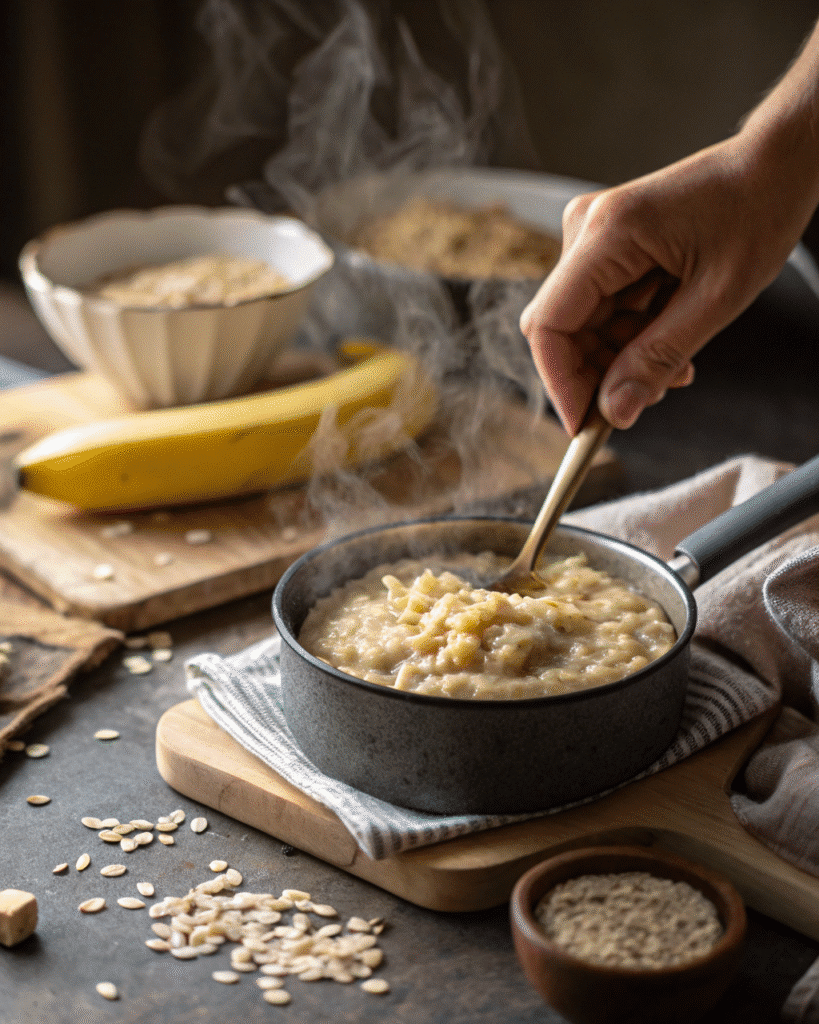Hands stirring creamy oat porridge with mashed banana and chia seeds in a saucepan on a rustic kitchen counter