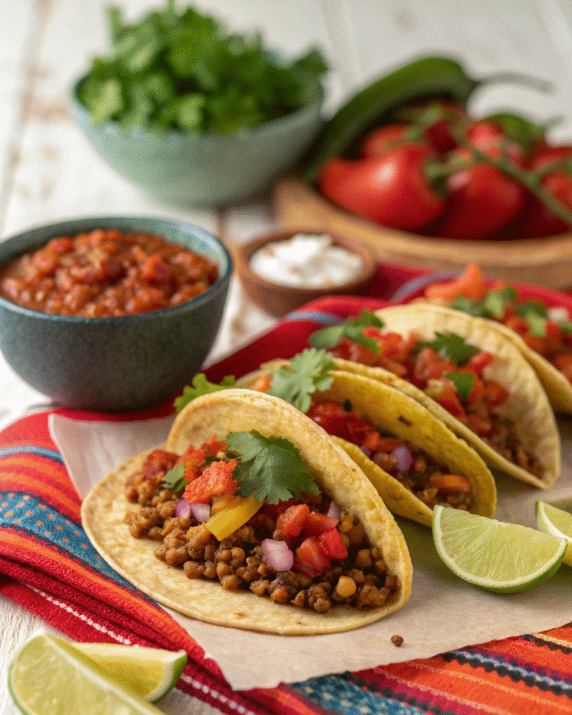 Lentil and Vegetable High Fiber Tacos with salsa and cilantro