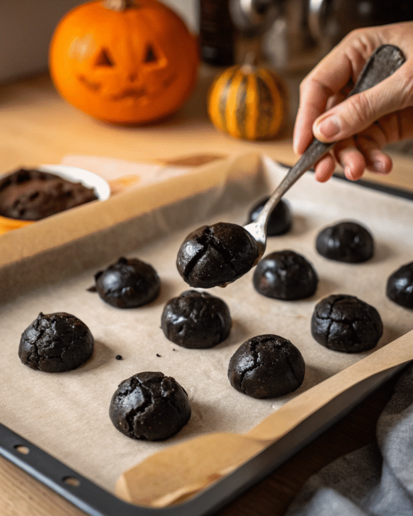 Hand scooping glossy black cookie dough onto a parchment-lined baking sheet in a warm, rustic kitchen