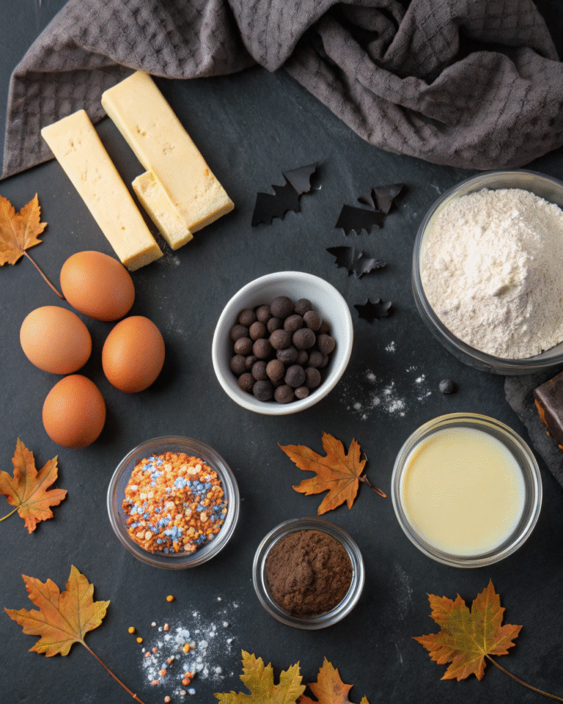 Overhead flat lay of black cocoa powder, butter, eggs, vanilla, flour, mini white chocolate chips, and raw black cookie dough balls on dark slate with Halloween sprinkles