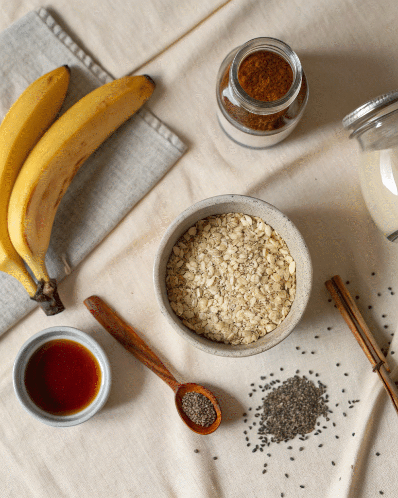 Overhead view of rolled oats, ripe banana, chia seeds, oat milk, cinnamon, and maple syrup on light linen for dairy-free baby food