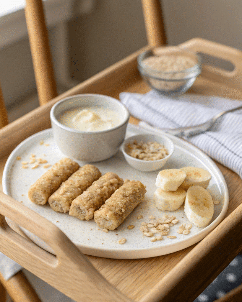 Soft dairy-free porridge fingers on white baby plate with mashed banana and oat milk, perfect for baby-led weaning