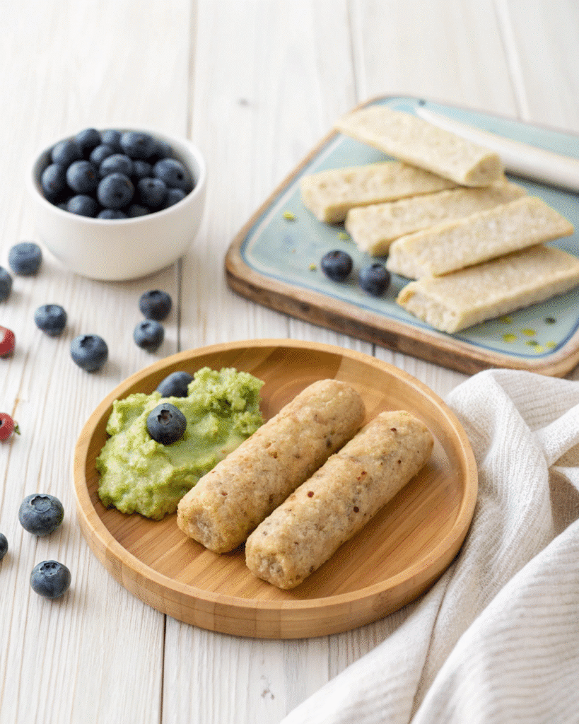 Dairy-free porridge fingers served with mashed avocado and fresh blueberries on a bamboo baby plate