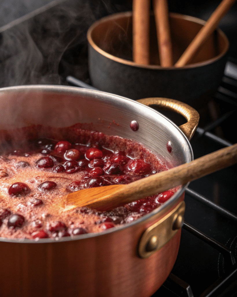 Close-up of bubbling Thanksgiving jam mixture cooking in copper pot with wooden spoon stirring cranberries and spices