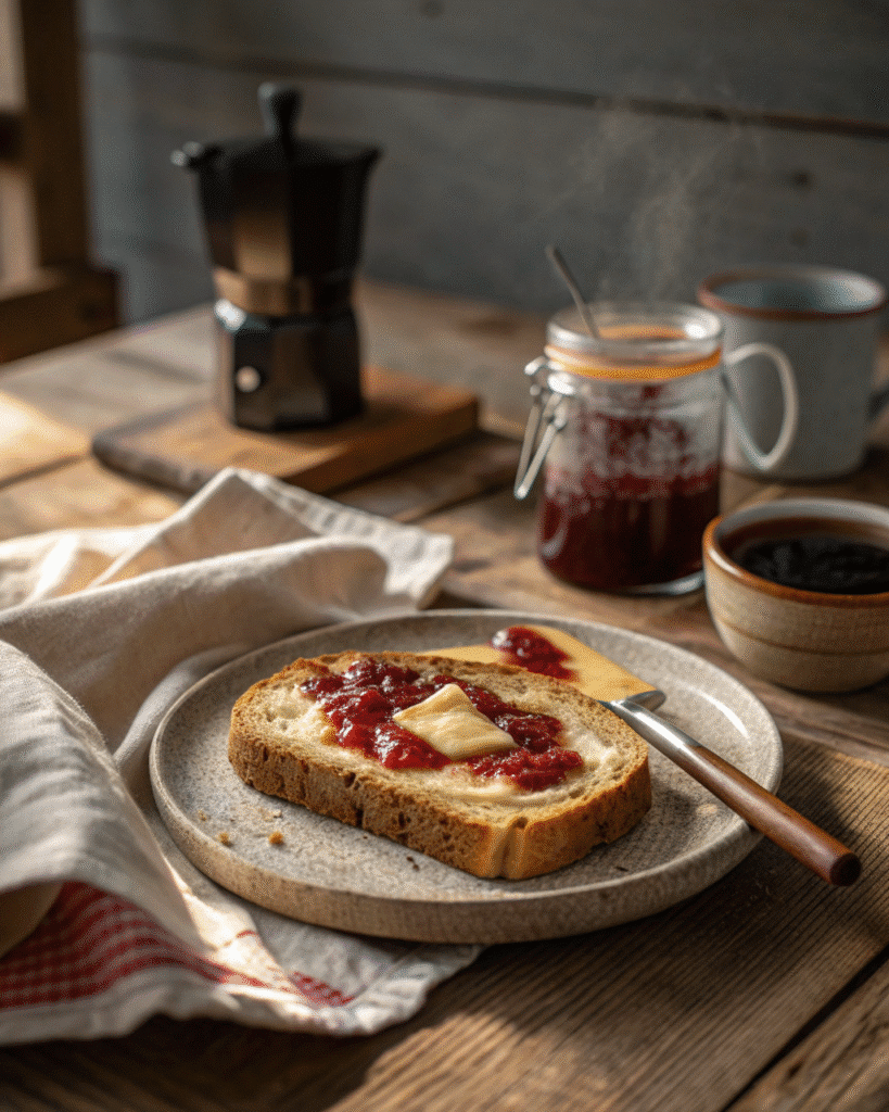 Thanksgiving jam spread on buttered artisan sourdough toast with coffee on rustic breakfast table setting