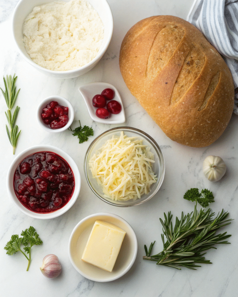  Festive cranberry bread ingredients including sourdough, cheese, cranberry sauce, and fresh herbs