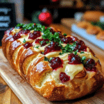 Festive cranberry pull-apart bread with melted cheese and cranberry glaze on rustic wooden board