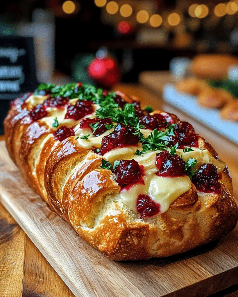 Festive cranberry pull-apart bread with melted cheese and cranberry glaze on rustic wooden board
