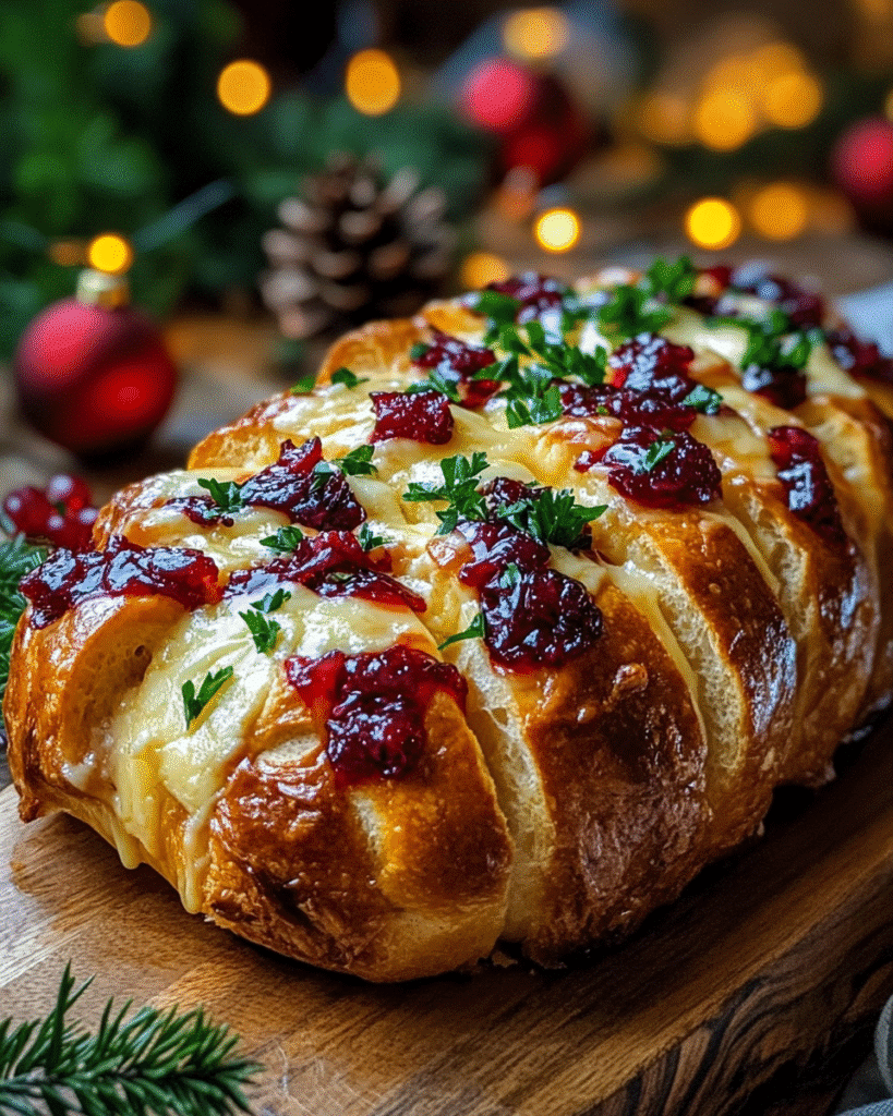 Festive cranberry pull-apart bread with melted cheese and cranberry glaze on rustic wooden board