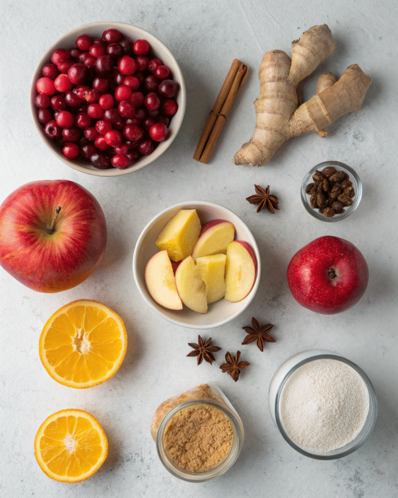 Overhead view of Thanksgiving jam ingredients including fresh cranberries, diced apples, orange, sugar, cinnamon sticks and spices arranged on white surface